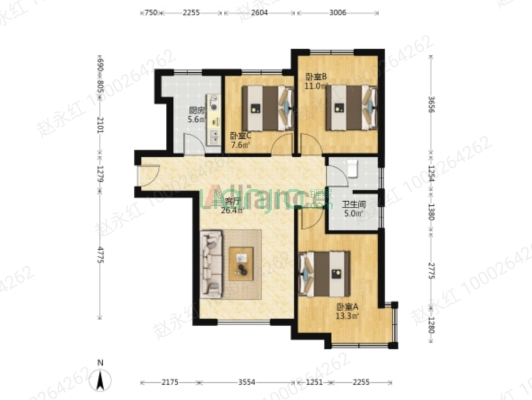 此房3+1户型 南北通透精装中高层 采光好-户型图