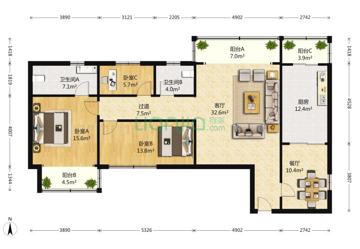 3室2廳2衛175㎡-北京天通西苑三區戶型圖