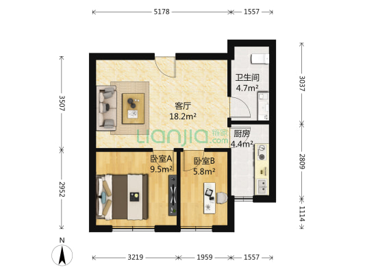 星中环广场 2室1厅1卫 61平方