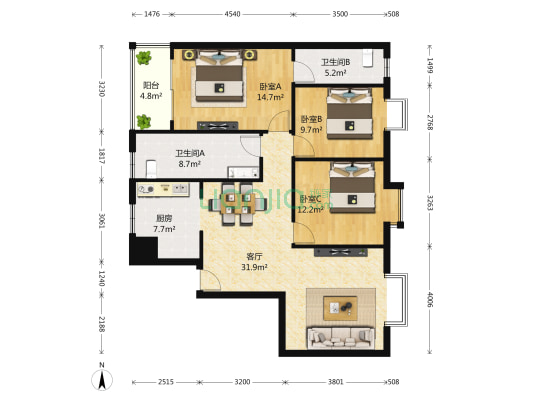 众联新奥国际 3室1厅2卫 129平方