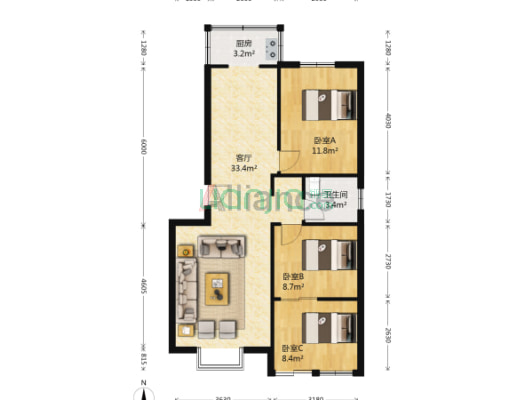 联合小区六号院 2室2厅 南-户型图