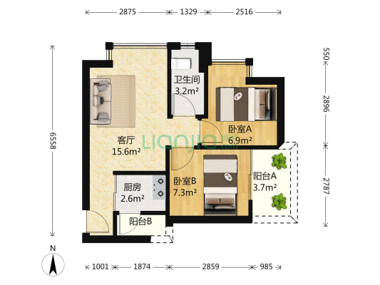 京基东方颐园  精装两房  户型方正 厅带落地窗