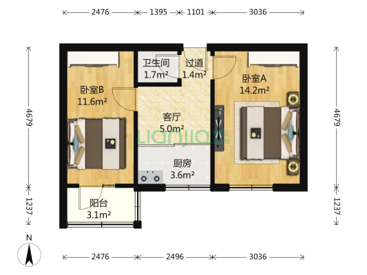 南半截胡同26号院 2室1厅1卫 51平方