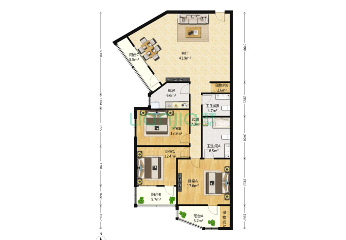 风林绿洲 3室1厅2卫 172㎡ 户型(北京链家网)