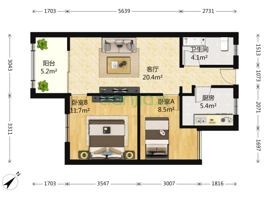 金域中央花园一期 2室1厅1卫 69平方