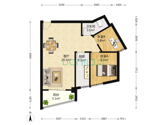 裕亚俊园 2室1厅1卫 90平方