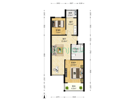 德安花园 2室2厅1卫 77平方