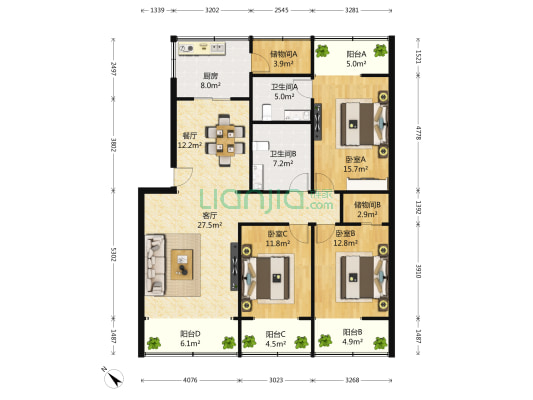 横四道街1号 3室2厅2卫 75平方