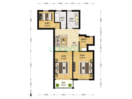 桃园新村西区 3室1厅1卫 90平方