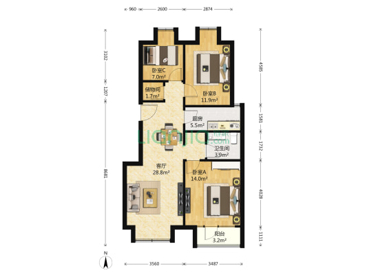 长阳半岛4号院 3室1厅1卫 96平方