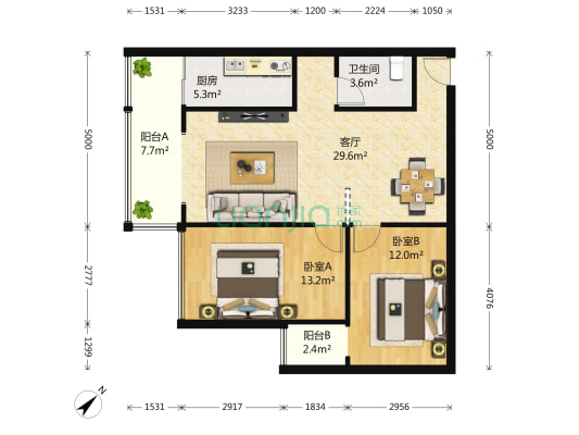 月光琉域 2室1厅1卫 90平方