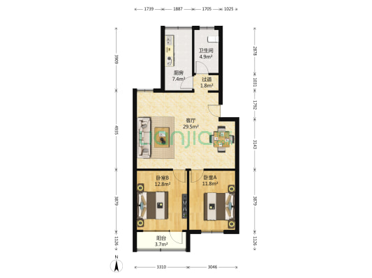 八里桥小区东区 2室1厅1卫 96平方