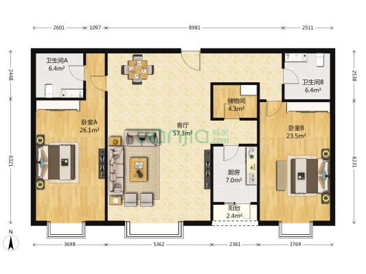中国昊华 2室1厅2卫 177平方