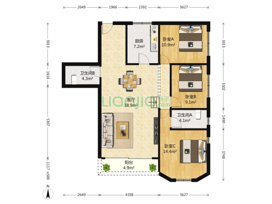 万安城市花园南苑 3室1厅2卫 135平方