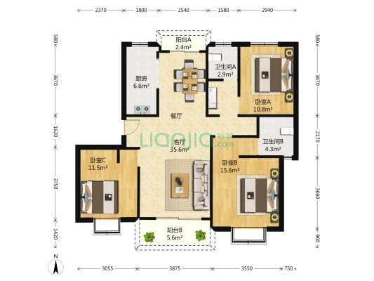 祥安菊苑 3室2厅2卫 126平方