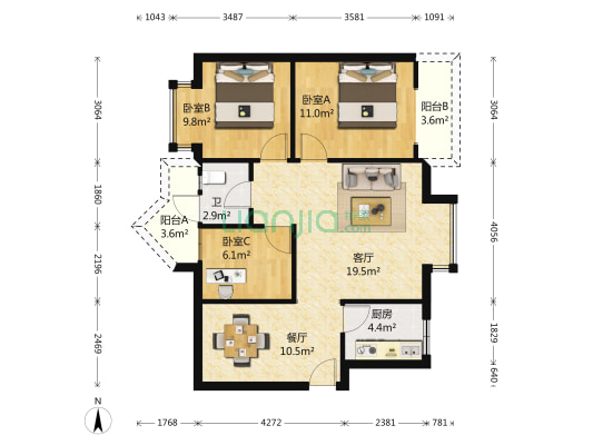 富邑华庭 3室2厅1卫 89平方