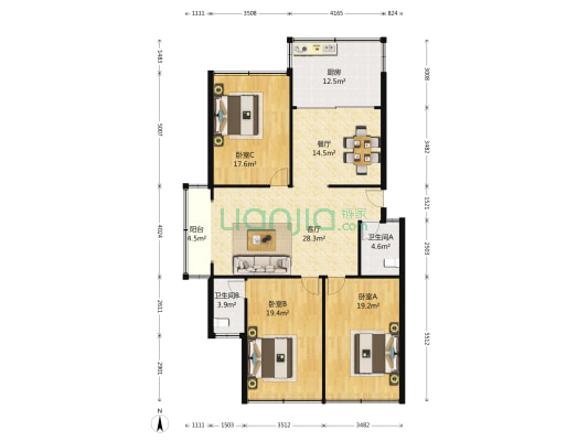 宏福园 3室2厅2卫 153平方