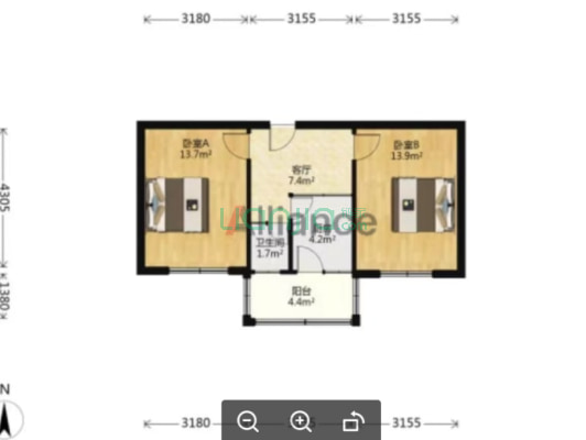 精装修拎包入住，全南两居室，全天采光无遮挡。-户型图