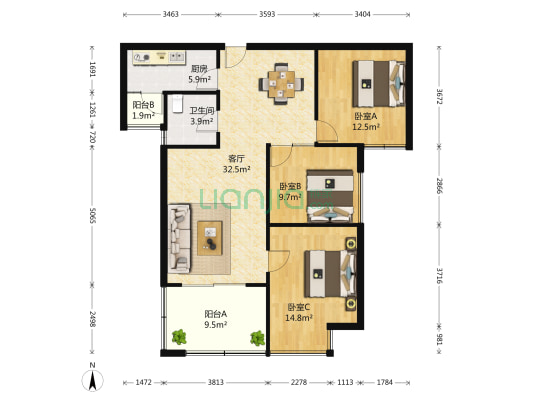曲江观邸 3室1厅1卫 106平方