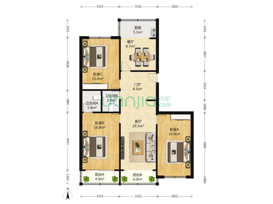 浮山湾花园 3室2厅2卫 136平方