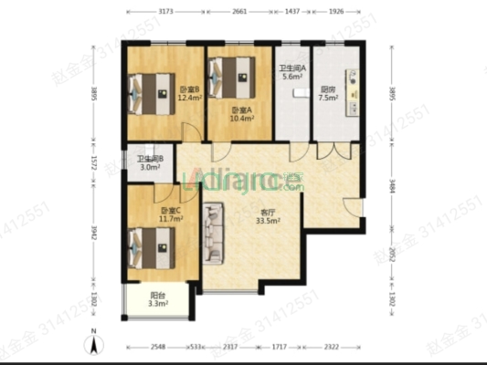 联合七号院 3室2厅 南 北-户型图