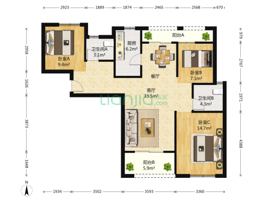 天祥尚府 3室1厅2卫 112平方