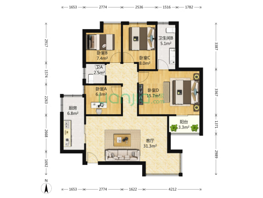 长江楚韵 4室1厅2卫 122平方