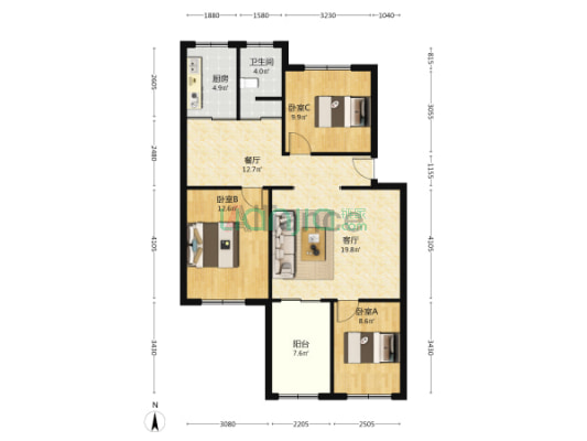 新安小区 3室2厅 南 北-户型图