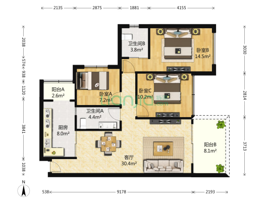 金科西城大院 3室1厅2卫 105平方