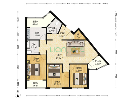 胡家园26号院 3室1厅2卫 117平方