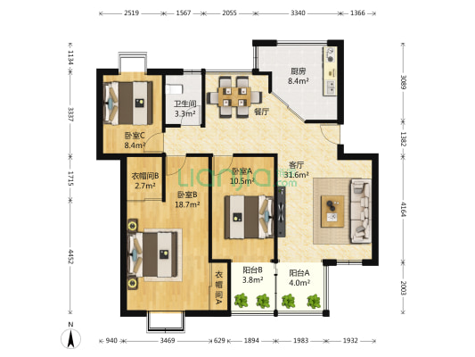 华汇康城 3室1厅1卫 122平方