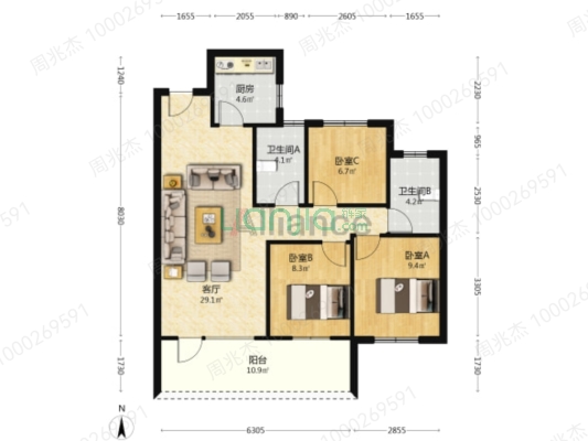 花田路 集中供暖 南北通透三居双卫 精装修-户型图