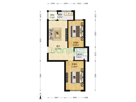 泊林阳光B区 2室1厅1卫 72平方