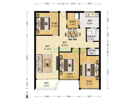 长城三花园 3室2厅2卫 127平方