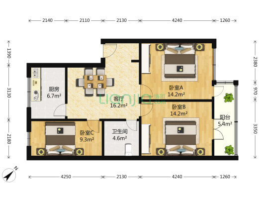 康健新村 3室1厅1卫 88平方
