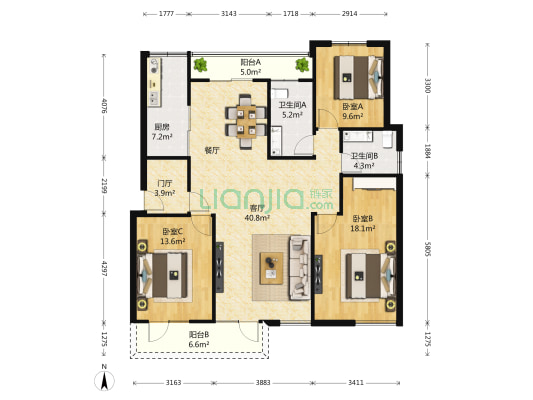 郡原相江公寓 3室1厅2卫 136平方