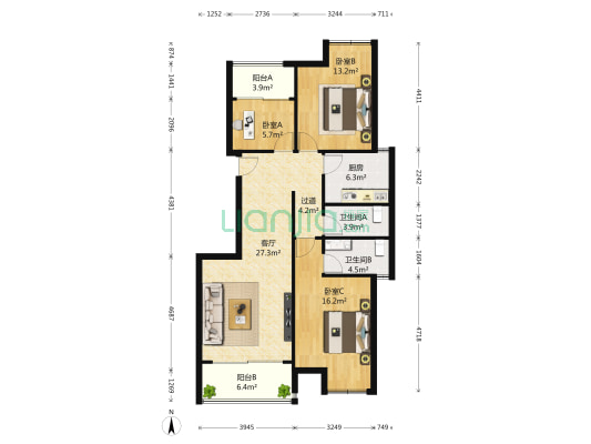 保利里院里三期 3室1厅2卫 113平方