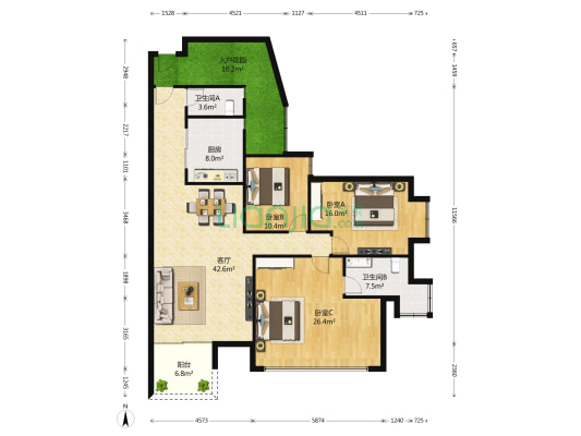 山水湖滨花园二期 3室1厅2卫 149平方