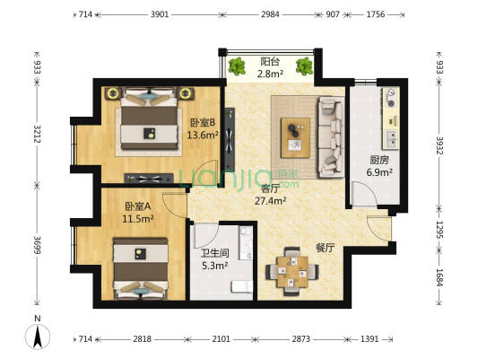 爱这城一期 2室1厅1卫 89平方