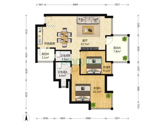汇融名城A区 2室1厅2卫 91平方