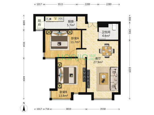 富力津门湖澄澜花园 2室1厅1卫 89平方