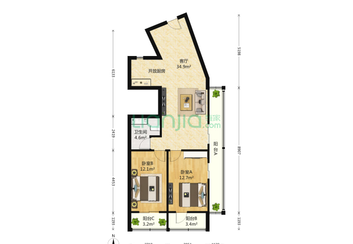 碧湖居2室1厅1卫106.94㎡