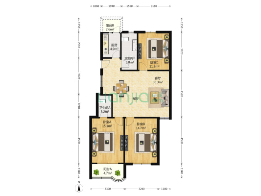 太阳公寓(长宁) 3室2厅2卫 113平方