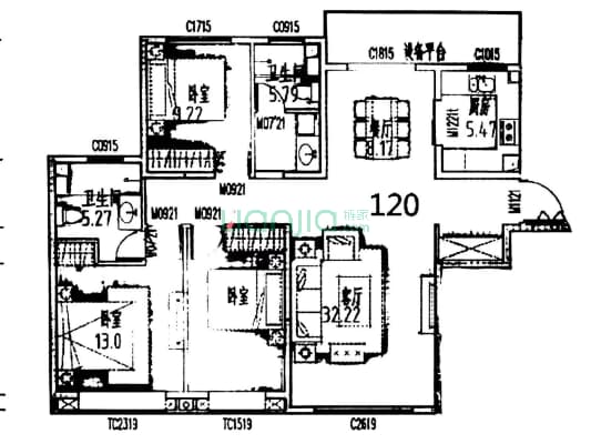 高新区 集中供暖 南北通透三居双卫 精装修 采光无遮挡-户型图