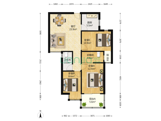 花园锦绣大地城 3室1厅1卫 98平方