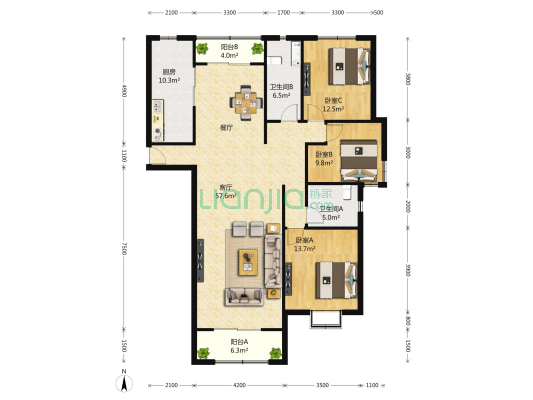 北郊一号 3室2厅2卫 142平方