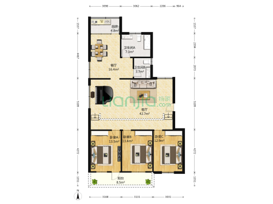 就业小区 3室2厅2卫 144平方