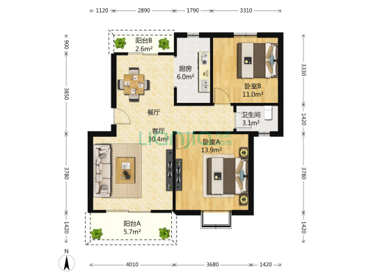 金色航城 2室2厅1卫 83平方