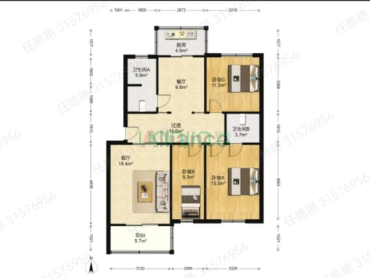 东兴小区(涿州) 3室2厅 南 北-户型图