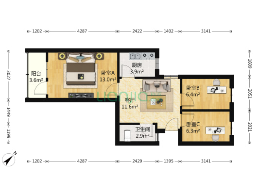 萨家湾 3室1厅1卫 65平方